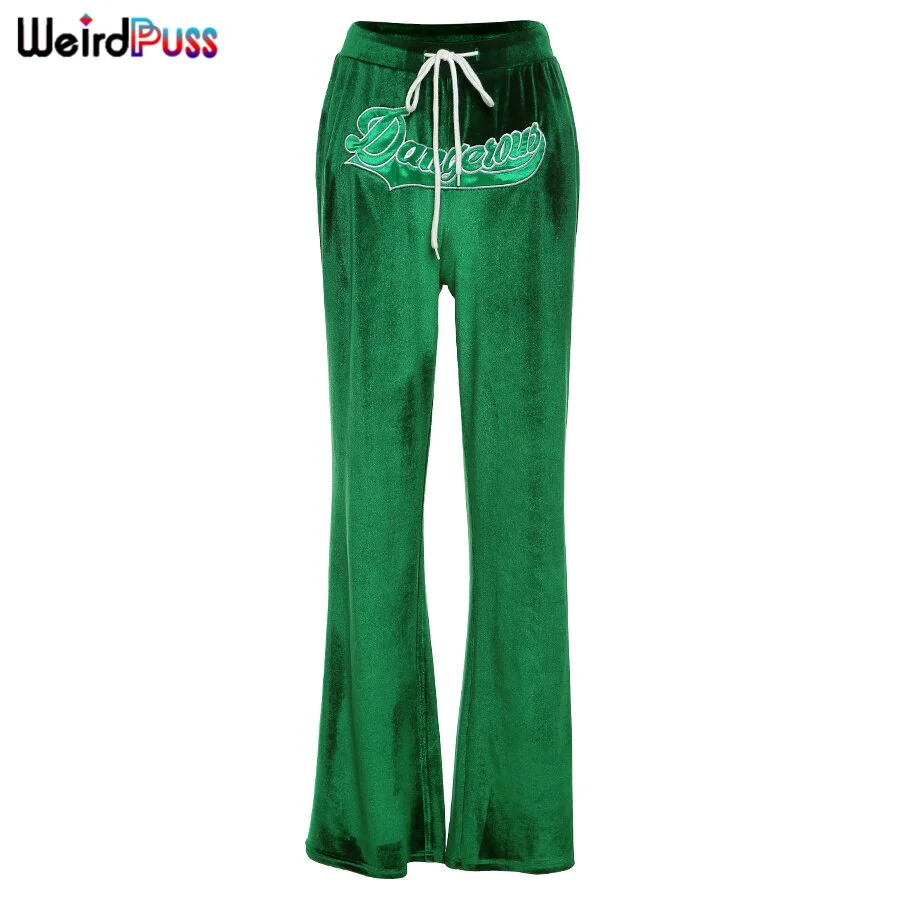 Weird Puss Letter Embroidery Straight Pants Velvet Women Drawstring High Waist Trousers Casual Baggy Wild Streetwear Sweatpants