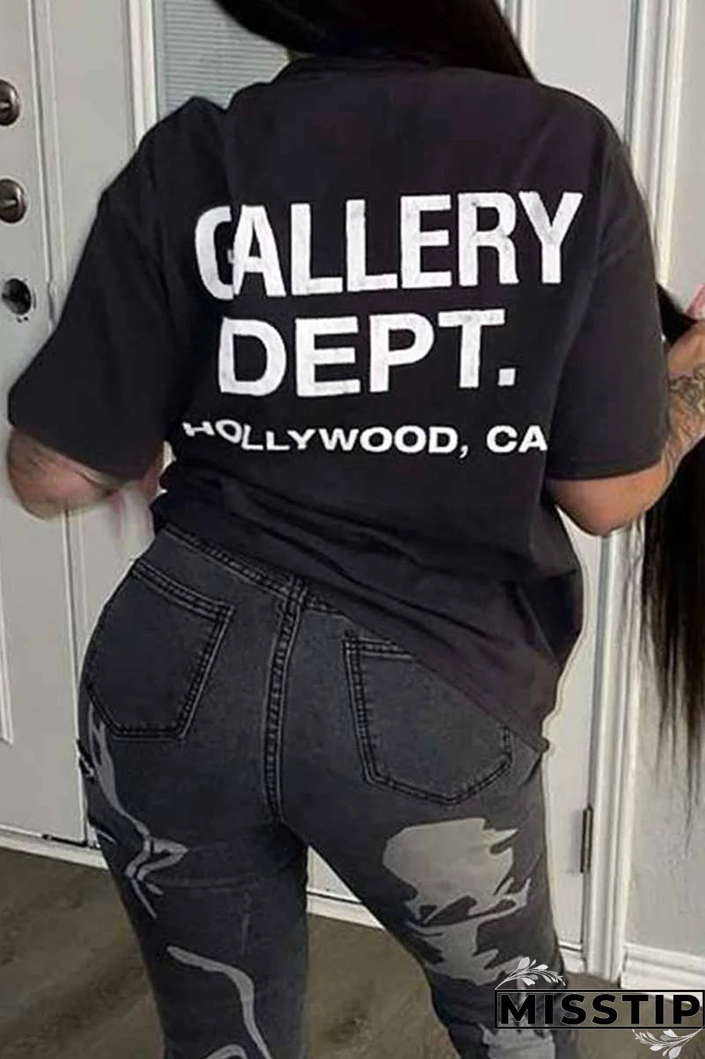 Black Casual Print Letter O Neck T-Shirts