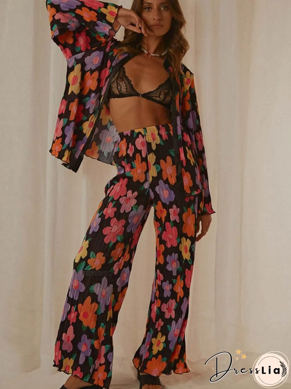 Spring Summer Women Shirt Suits New Cute Fashion High Street Flower Print Long Sleeve Lapel Cardigan + Long Pants Two Piece Set