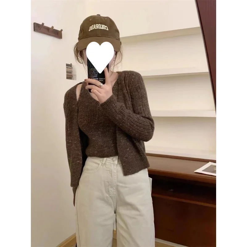 Uveng Uveng New Retro Color Yarn Sweater Coat Women Loose Knitted Slings Two Sets