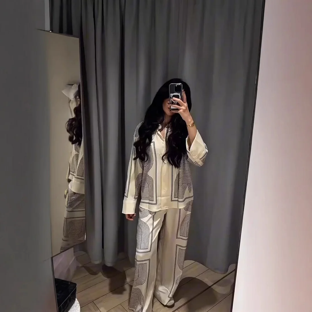 Nigikala Nigikala Women's Collar Loose Long-Sleeved Shirt Print Twill Shirt Cover