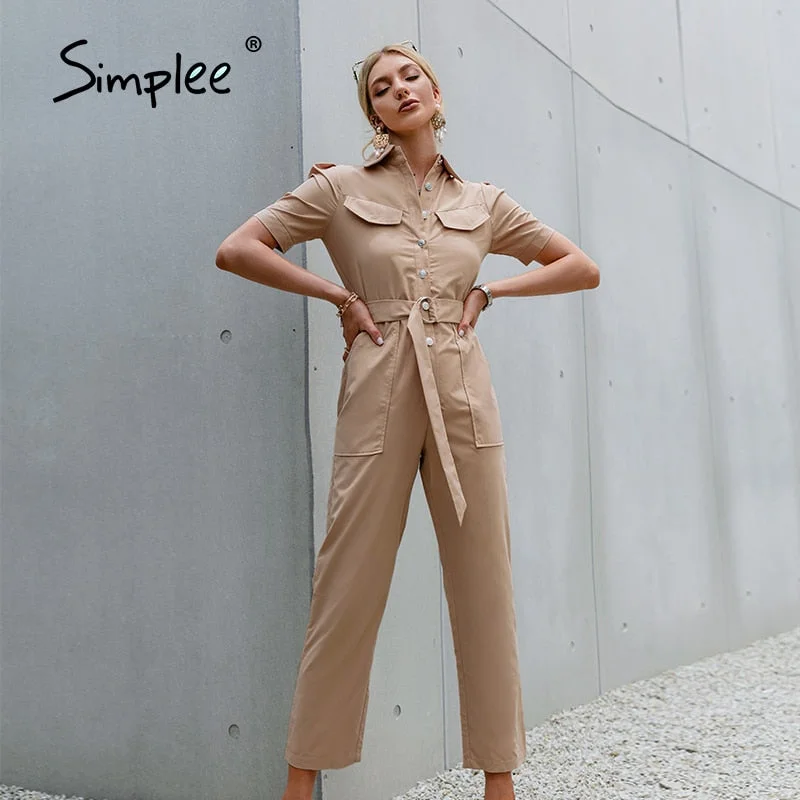Simplee White puff sleeve lace-up women jumpsuit Fashion outfit high street solid summer jumpsuits 2021 Casual button jumpsuit