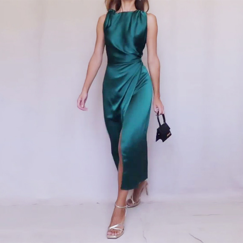 Time Solid Sleeveless Tie Slit Party Evening Midi Dress