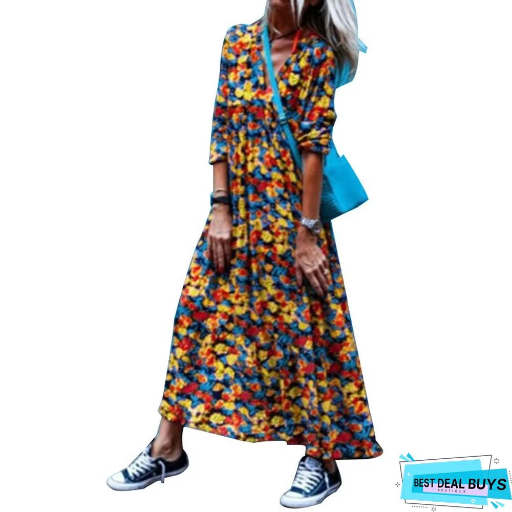 Women's New Floral V-Neck Elegant Long-Sleeved Dress In Early Autumn