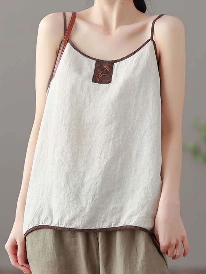 Women's Cotton Linen Embroidered Colorblock Loose Sling Top