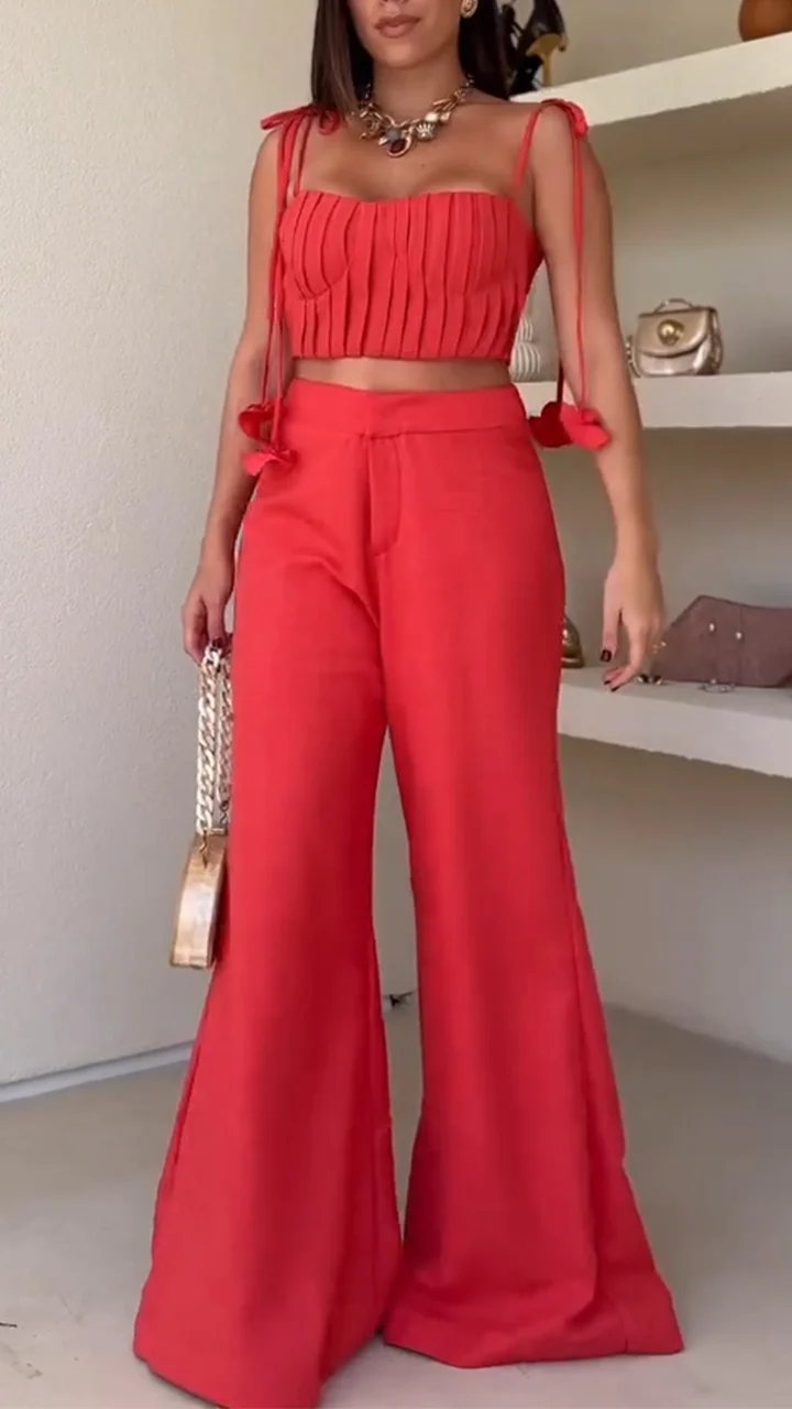 Ladies' Spaghetti Strap Strapless Top+pants Casual Temperament Set
