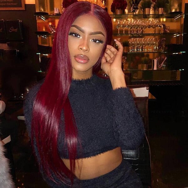 T Part Wig Straight 99J# Burgundy Lace Wigs HD Transparent Human Hair Wigs US Mall Lifes