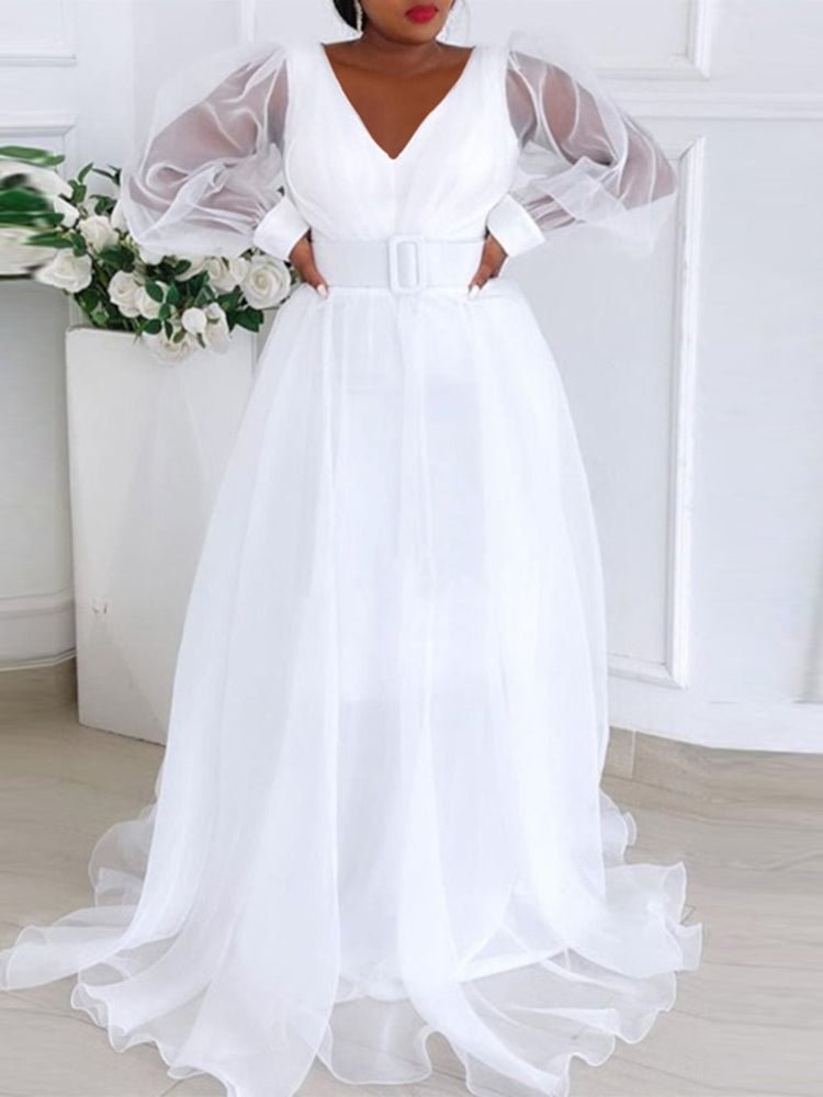 Pure color mesh V-neck long sleeves high waist A-line women's dress SKUI84859 QueenFunky