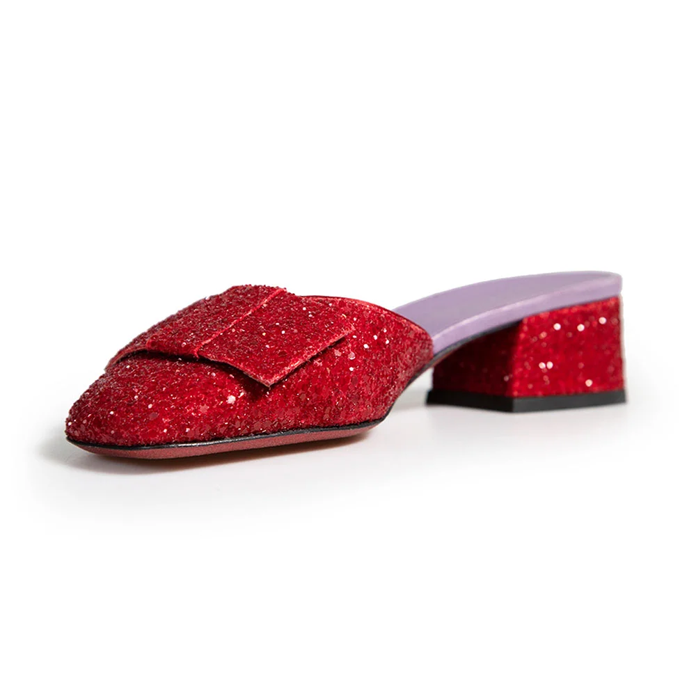 YDN Shiny Red Glitter Square Toe Block Heeled Mules with Bow