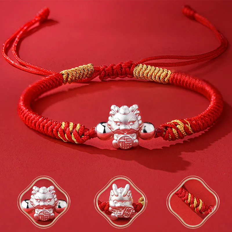 999 Sterling Silver Year of the Dragon Fu Character Attract Fortune Luck Handcrafted Braided Bracelet