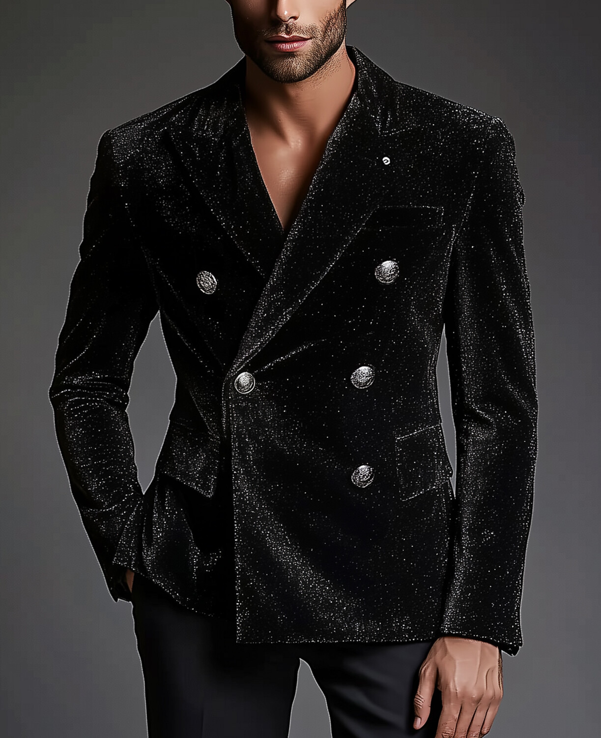 Okaywear Sparkly Velvet Peak Lapel Double Breasted Blazer