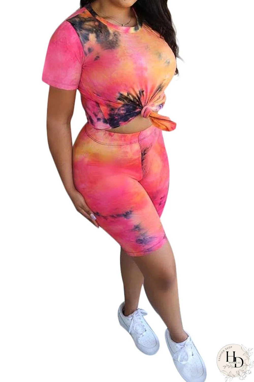 Blue Fashion Casual Active Print Tie Dye Short Sleeve Two Pieces