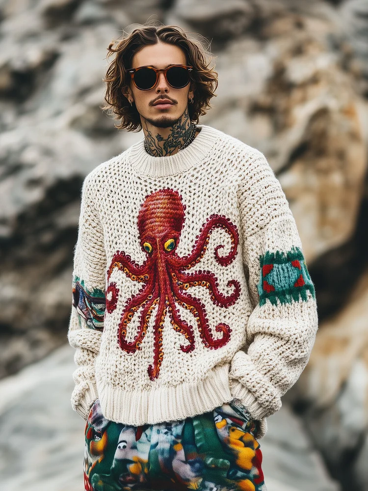 Men's Red Octopus Art Print Knit Sweatshirt