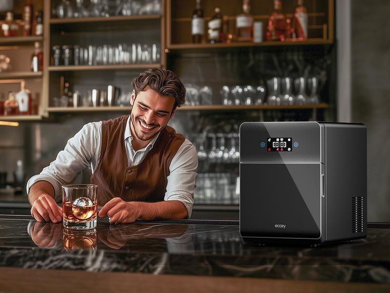 Product Introduction of ecozy 2" Clear Ice Ball Maker with CrystalFlux Technology Fastest 40 Min Production 144 Ice Balls Per Day Sphere Ice Maker with Enhanced Insulation Automatic Water Supply Self-Cleaning for Whiskey Bourbon Appliances IcemakermMachine 24