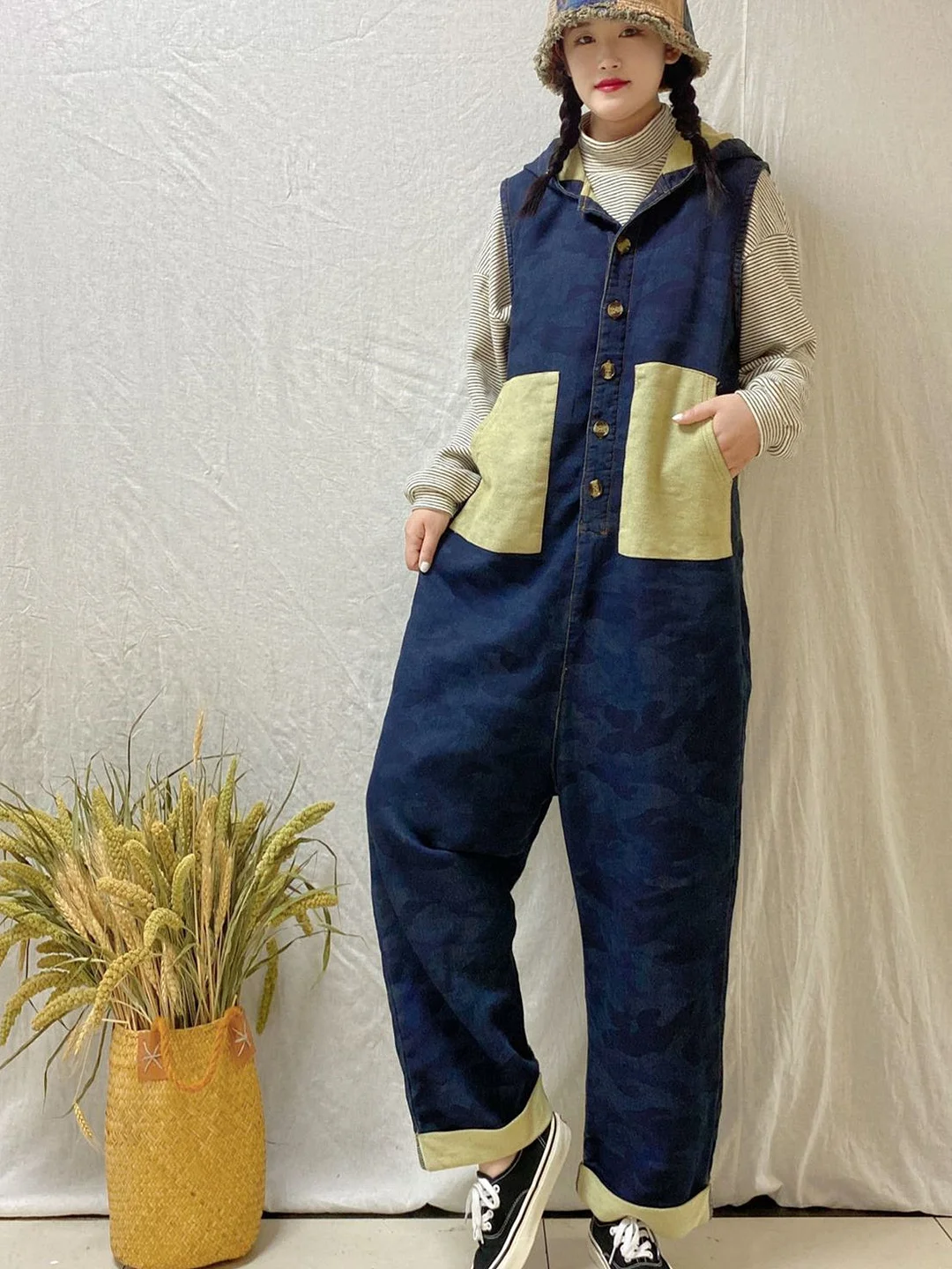 Women's Loose Sleeveless Hooded Casual Retro Wide-leg Workwear Denim Overalls Jumpsuit