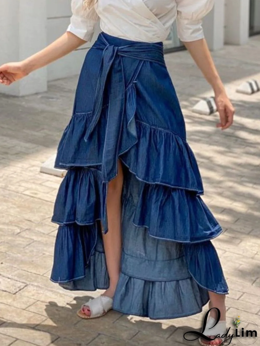 UR Fashion Plain Knot Waist Flounce Layered Hem Denim Skirt