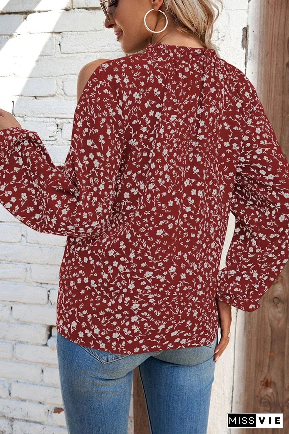 Cold Shoulder Frilled Collar Floral Blouse