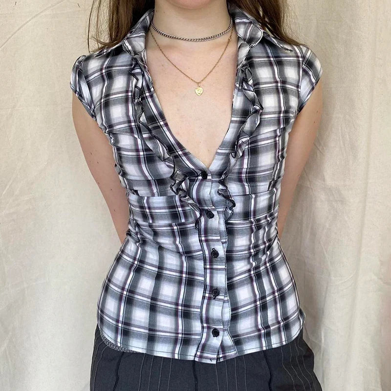 y2k Plaid Striped T Shirt Ruffles Single-Breasted Crop Top Women Vintage Turn Down Collar Harajuku Prepply Tee Summer Aiertu