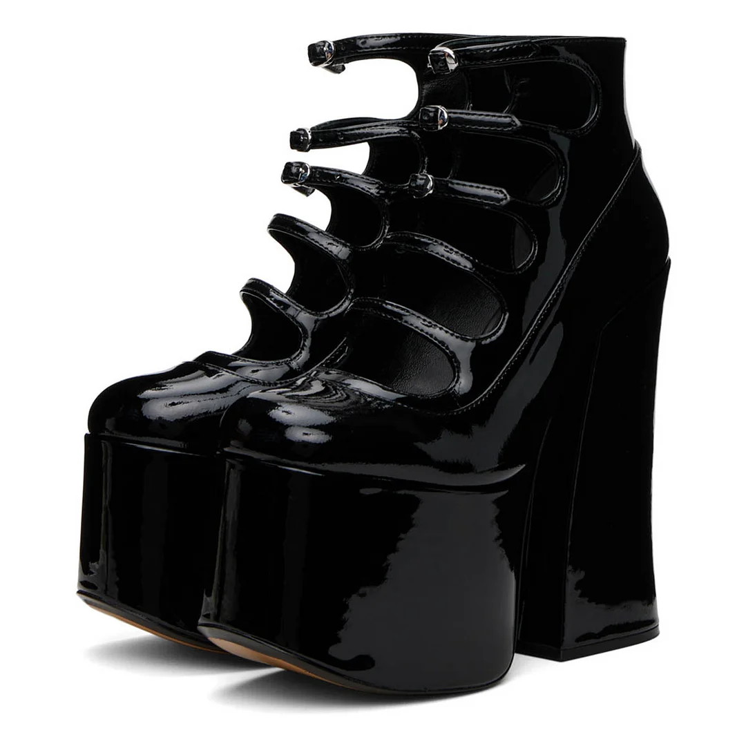 Patent Leather Buckle Strap Round Toe Black Platform Heels