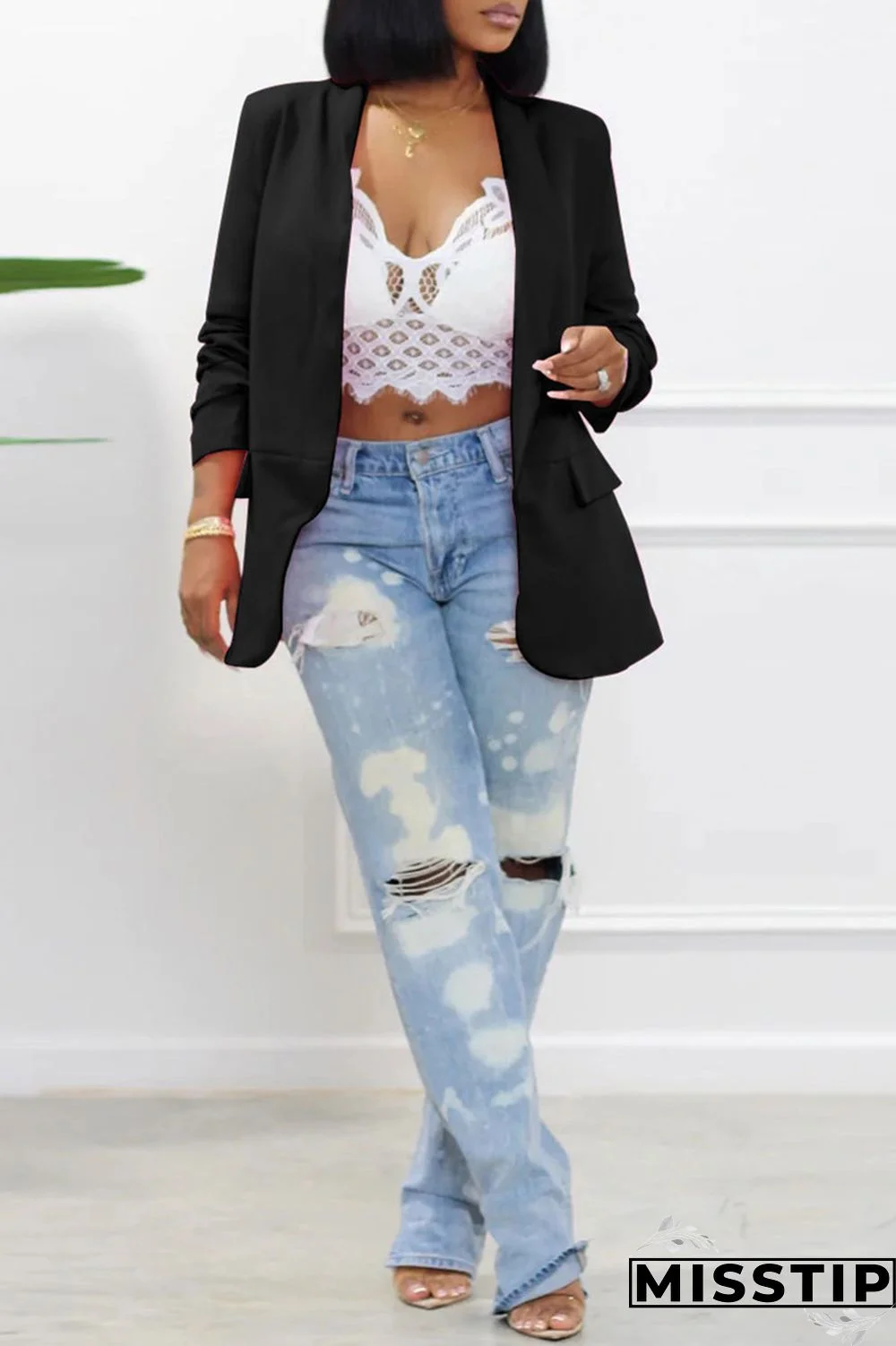 Black Fashion Casual Solid Patchwork Cardigan Turn-back Collar Outerwear