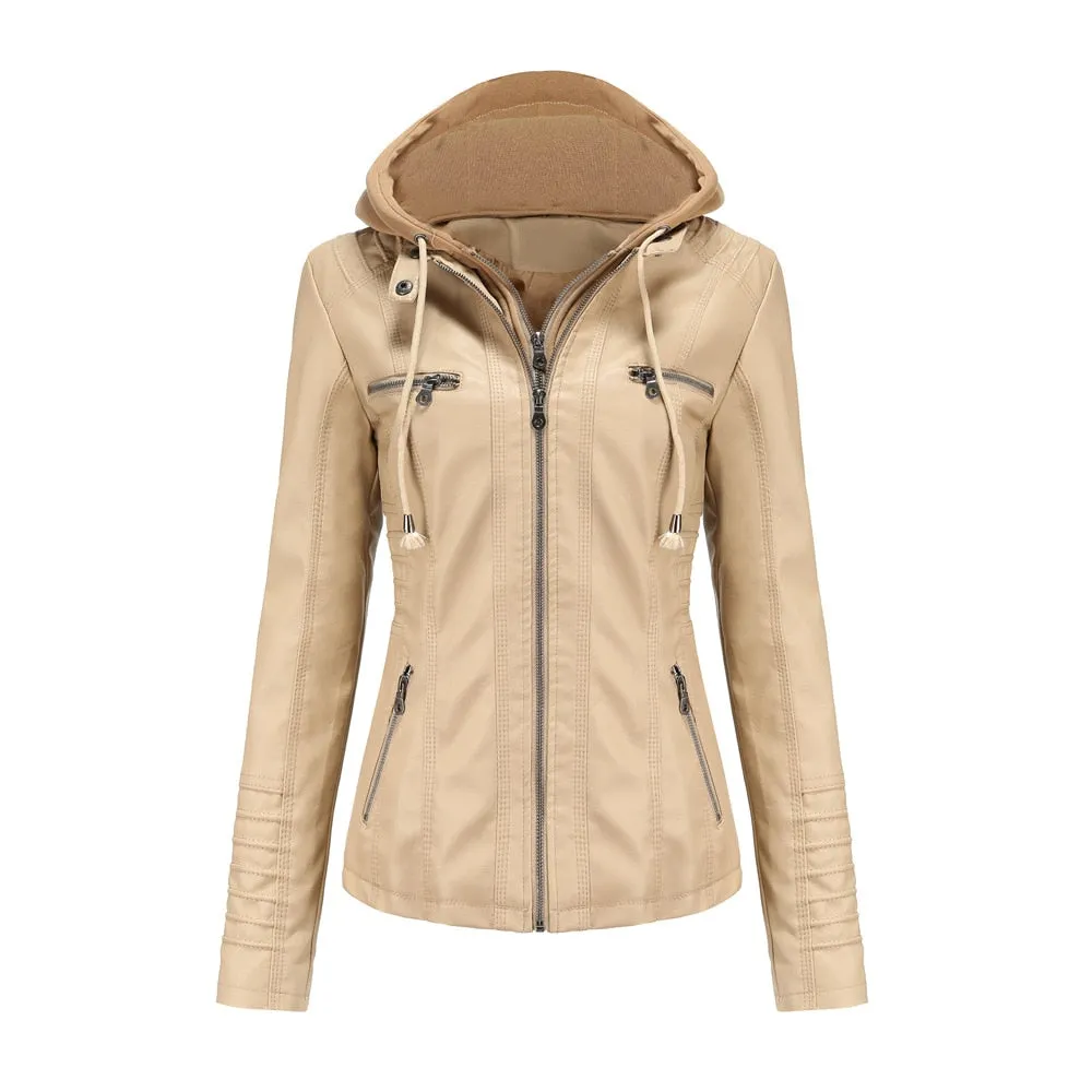 Autumn Winter Pu Faux Leather Jacket Black Women Street Moto Biker Leather Coat Hooded Jacket Lady Oversize Casual Outerwear
