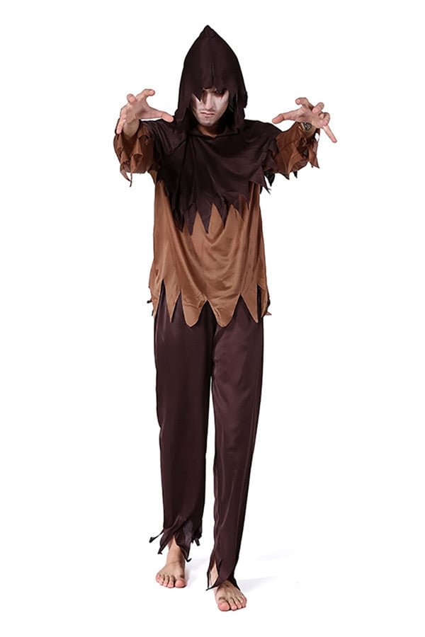 Funny Halloween Cosplay Scary Zombie Costume With Hooded For Men Coffee-elleschic