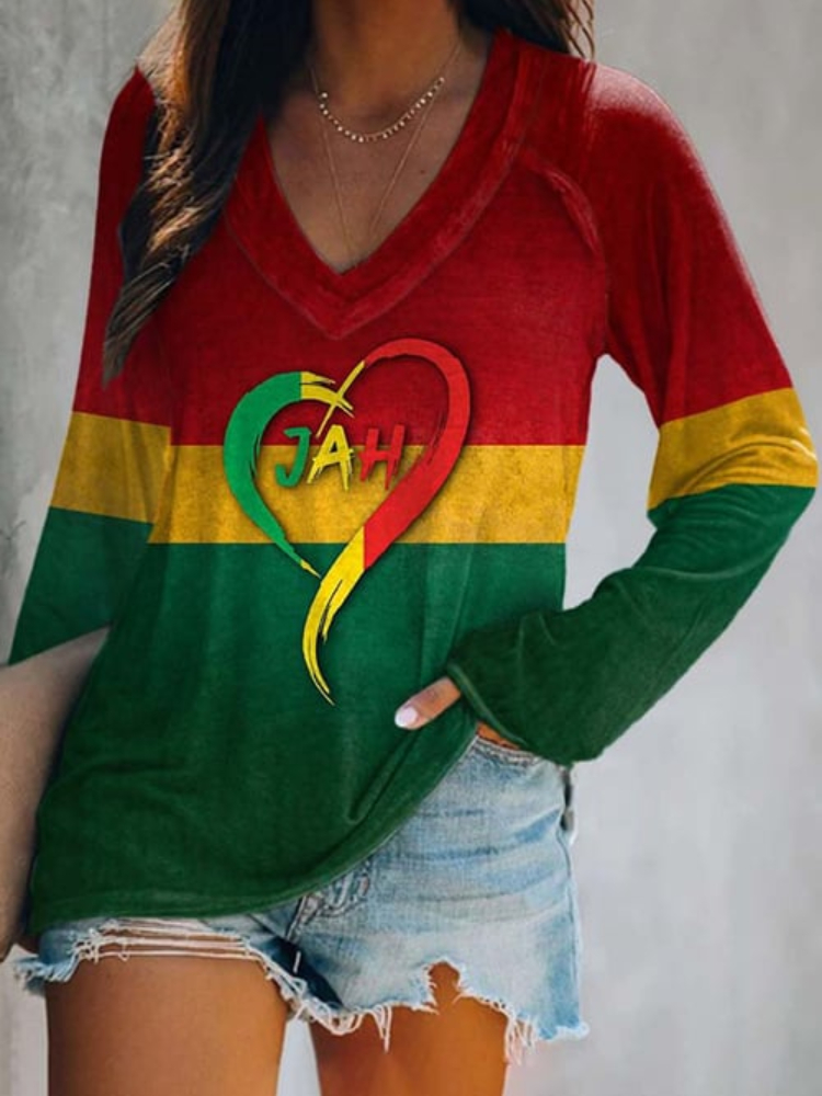 Rasta Regga Love Jah Print Long Sleeve T Shirt wearshes