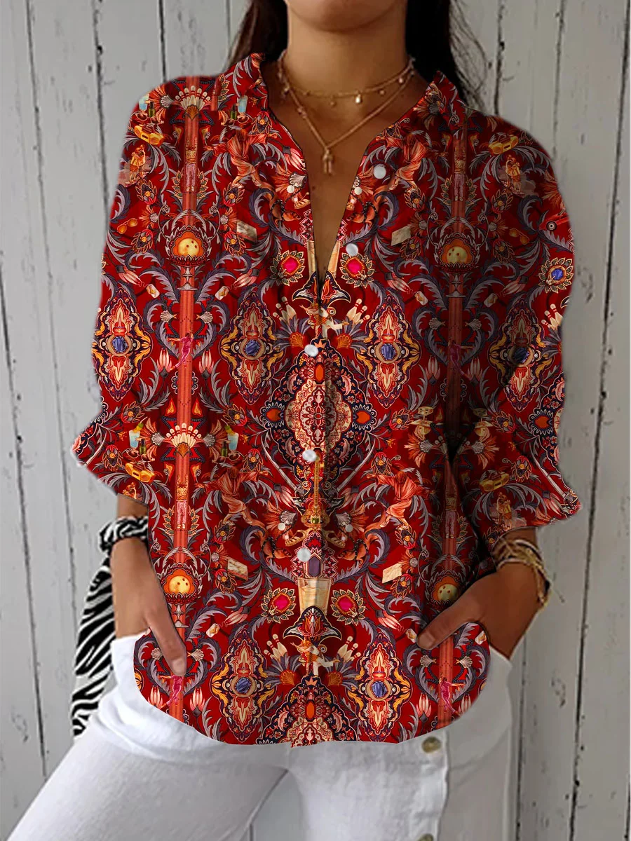 Women's Vintage Ethnic Floral Art Print Casual Cotton Linen V-neck Shirt