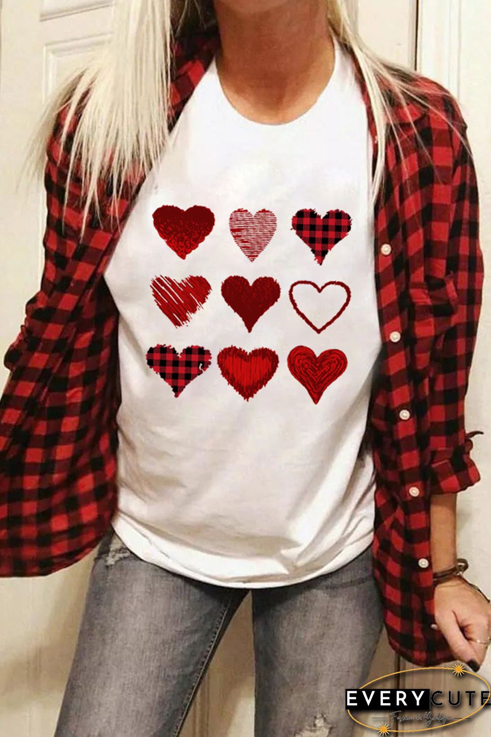 White Plaid Hearts Print Crewneck Short Sleeve Graphic Tee