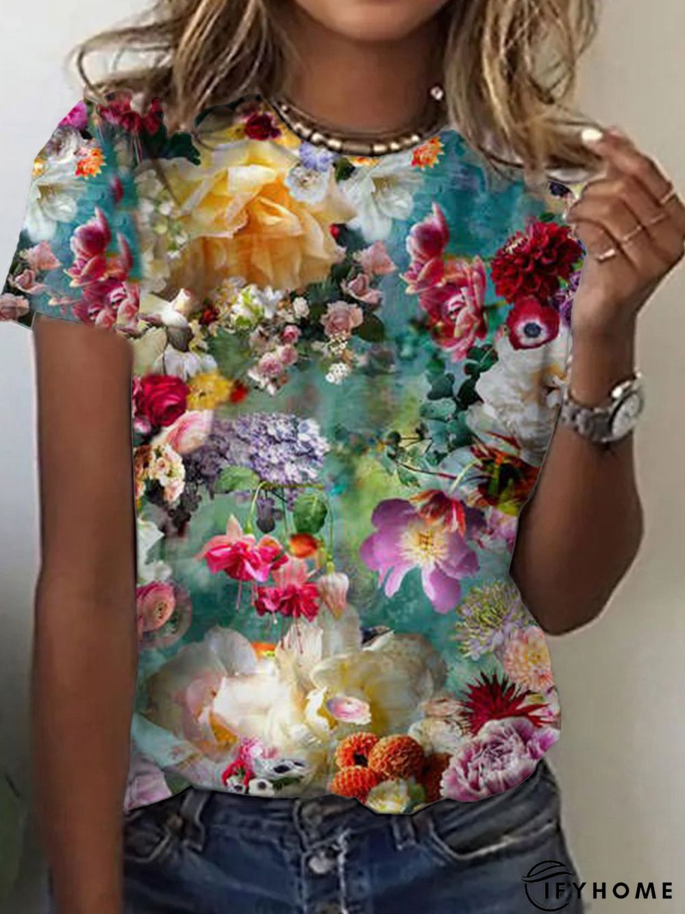 Casual Short Sleeve Crew Neck Printed Tunic Top | IFYHOME