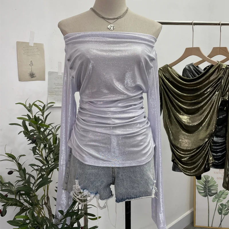 Uveng Real Shooting Stacking Long-Sleeved Pile Folded Shoulder T-Shirt Metal-Sclide T-Shirt 8888