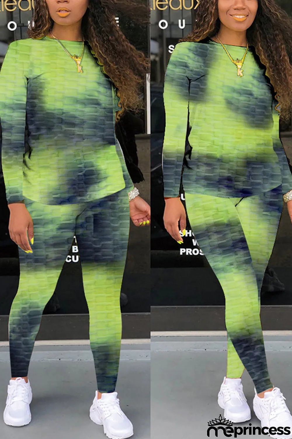 Pink Casual Gradual Change Print Tie Dye Split Joint O Neck Long Sleeve Two Pieces