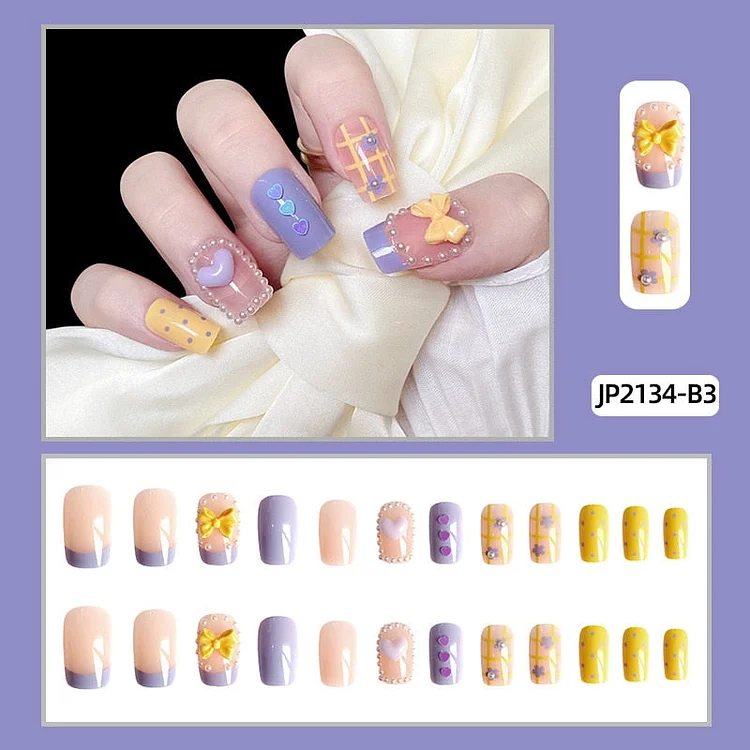 24pcs False Nails with Glue Ultra-thin Autumn Fake Nails Detachable Lattice Bow Heart Pearl Artificial Nail Art Tips Manicure