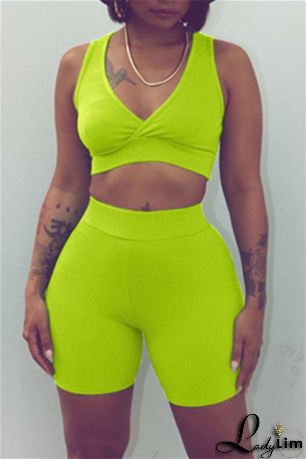 Blue Fashion Casual Sportswear Solid Patchwork V Neck Sleeveless Two Pieces