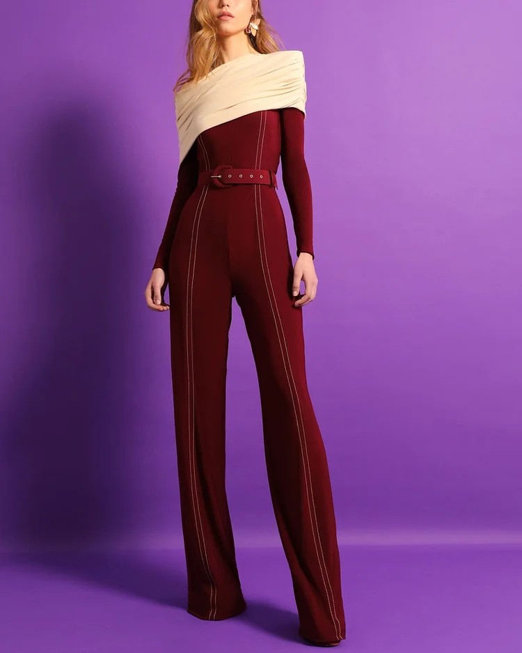 Long Sleeves Two-Tone Silk Knit Jumpsuit