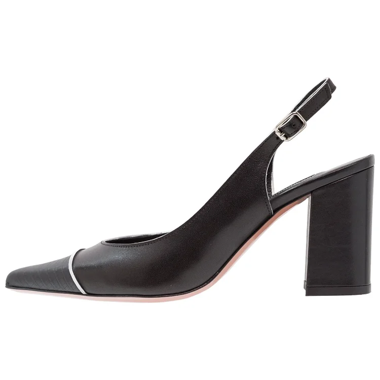 Black Slingback Heels Pointy Toe Chunky Heel Pumps |FSJ Shoes