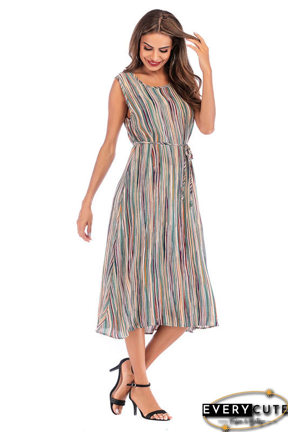Colorful Striped Lace-up Sleeveless Long Dress