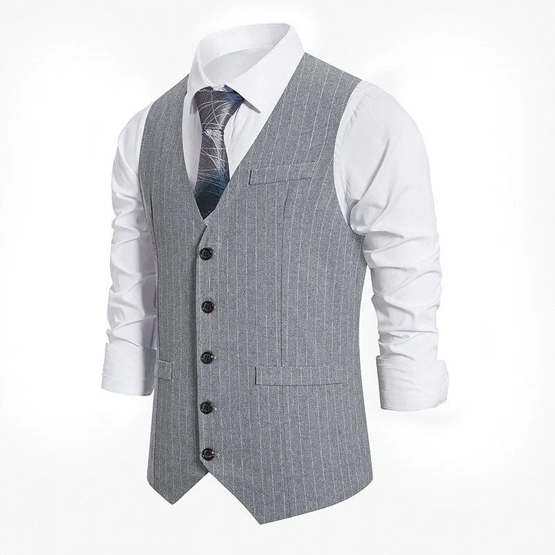 Huiketi Striped Vests Men Suit Vest Classic Black Grey Business Vest Waistcoat Men High Quality British Blazer for Men Sleeveless