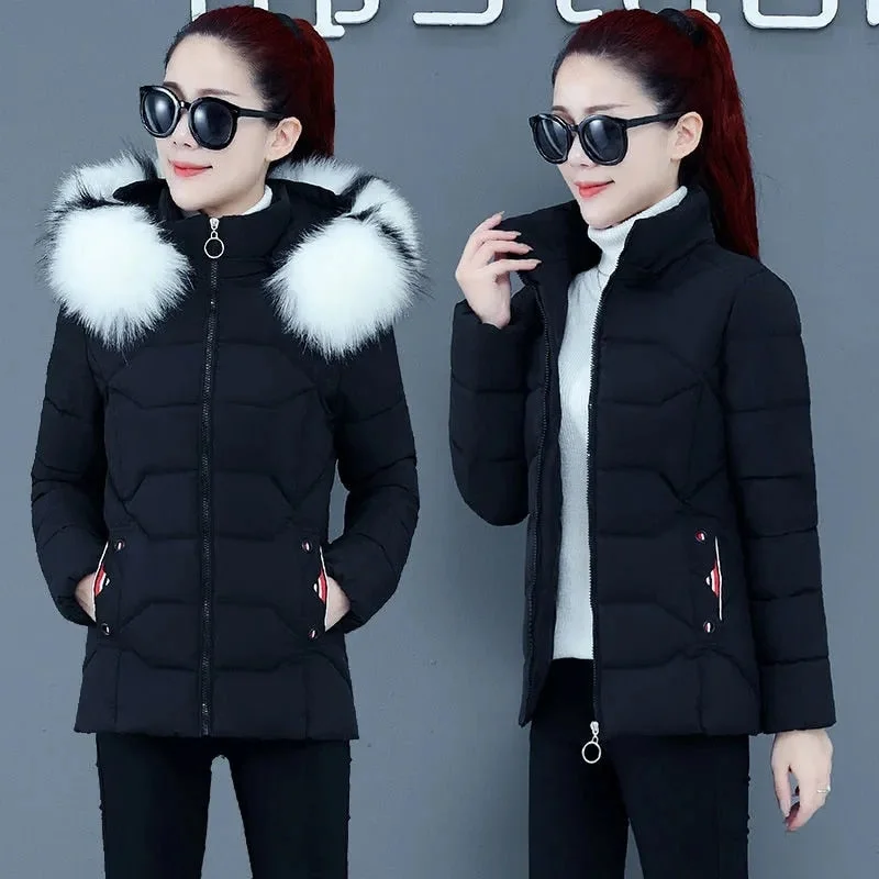 New Big Fur Hooded Jacket 2021 Woman Parkas Cotton Casual Winter Coat Female Down Cotton Padded Parka Winter Jacket Female Hiver