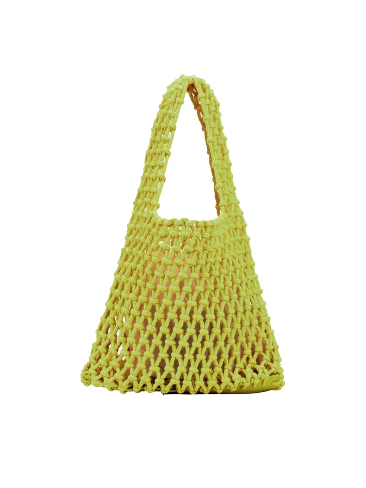 Cotton Thread Handbags Straw Woven Hollow Net Beach Vacation Purse (Yellow)