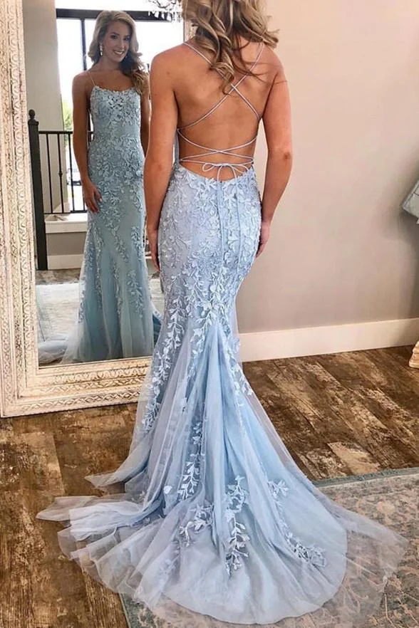 Open Back Spaghetti Straps Light Blue Lace Mermaid Long Prom Dresses Evening Dress 