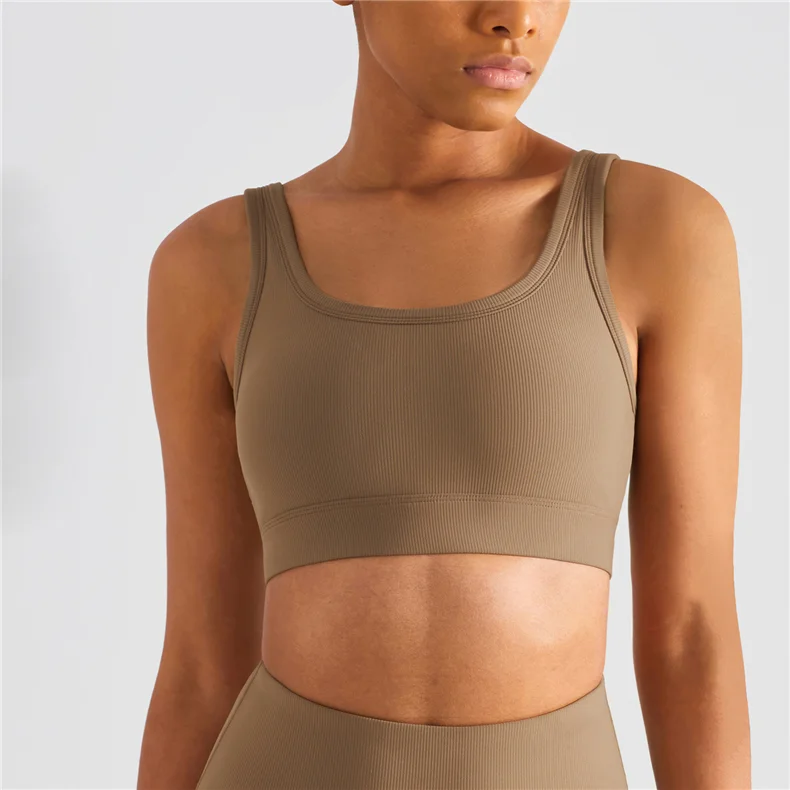 Hergymclothing women's square neck u back push up naked feel super stretchy ribbed wokrout sports bra online shopping deep khaki