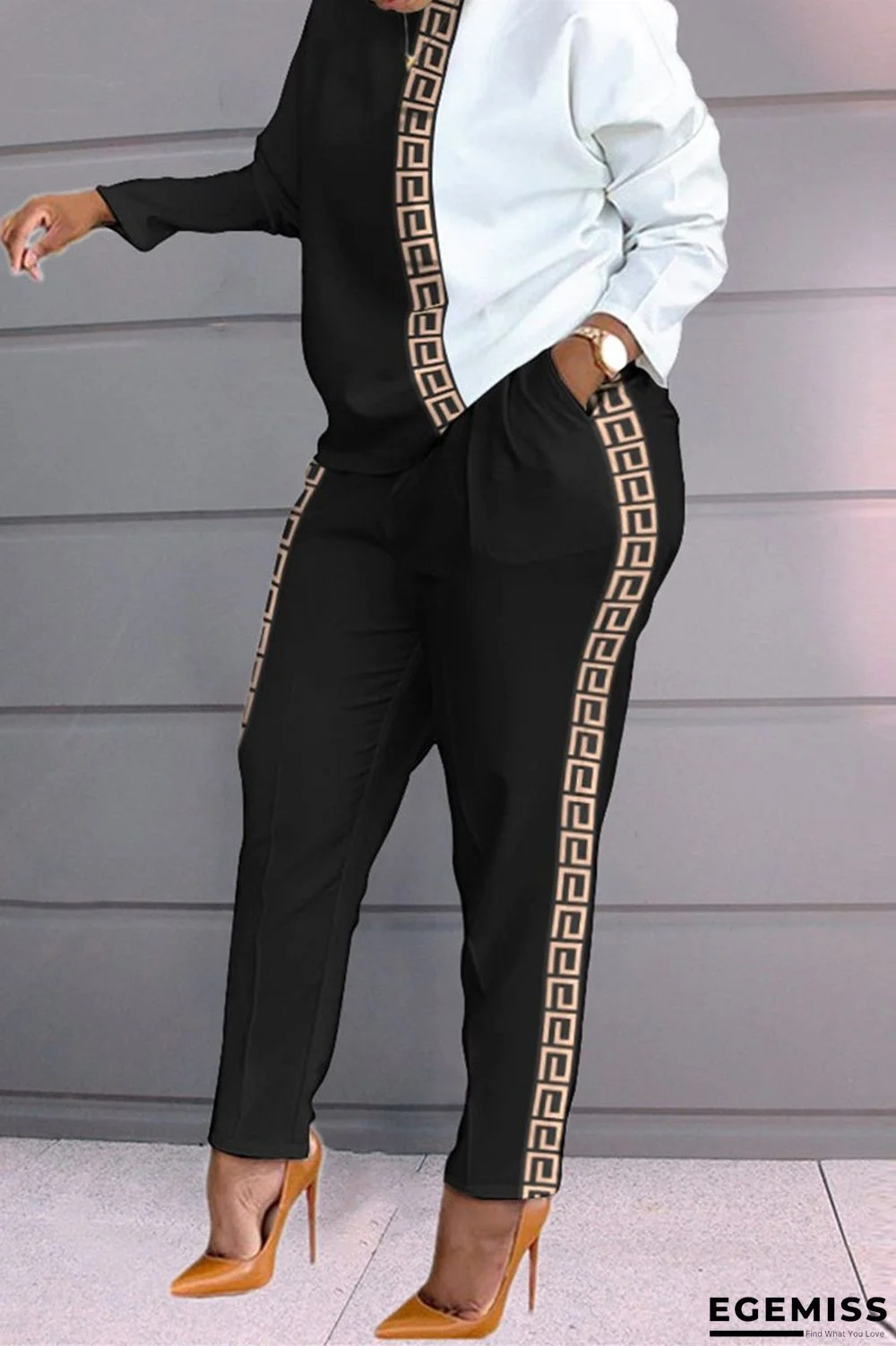 Gold Fashion Casual Print Patchwork O Neck Long Sleeve Two Pieces | EGEMISS