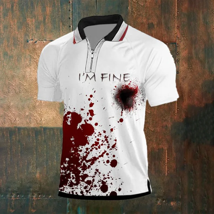 Broswear Men's Bloodstain I'm Fine Print Short Sleeve Raglan Zip Polo Shirt