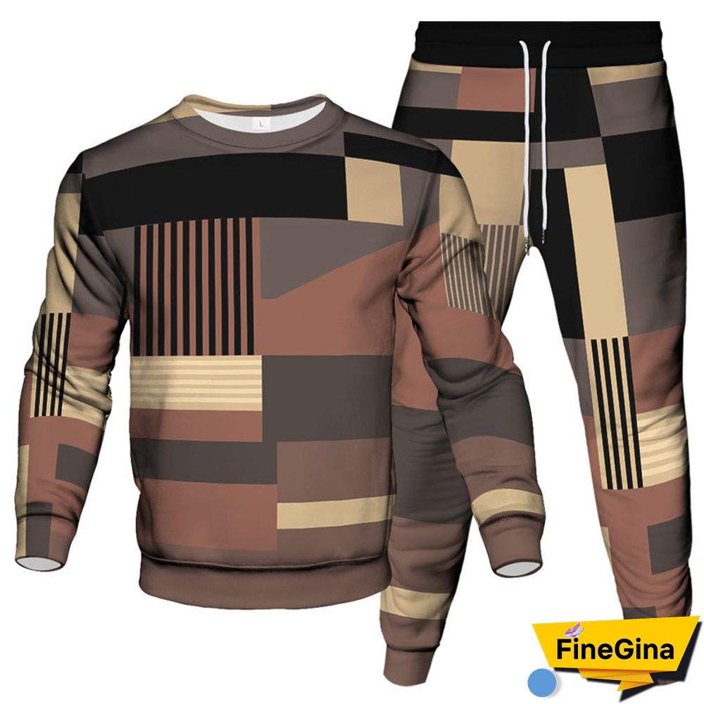 Brown Casual Geometric Patchwork O Neck Long Sleeve Two Pieces