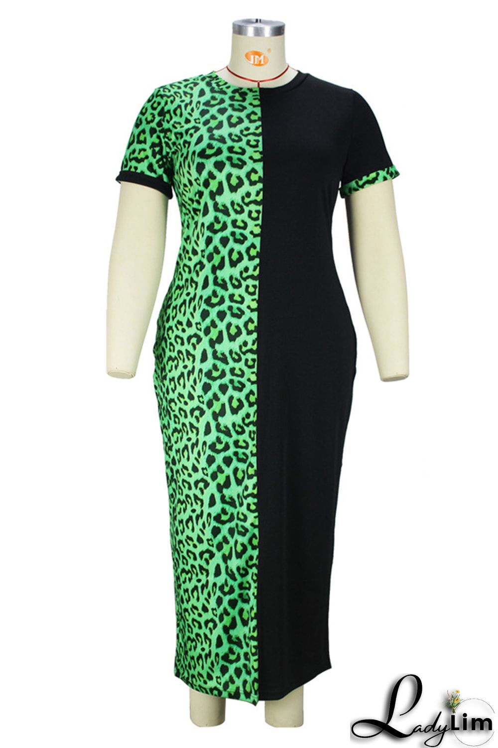 Green Fashion Casual Plus Size Print Leopard Patchwork O Neck Short Sleeve Dress