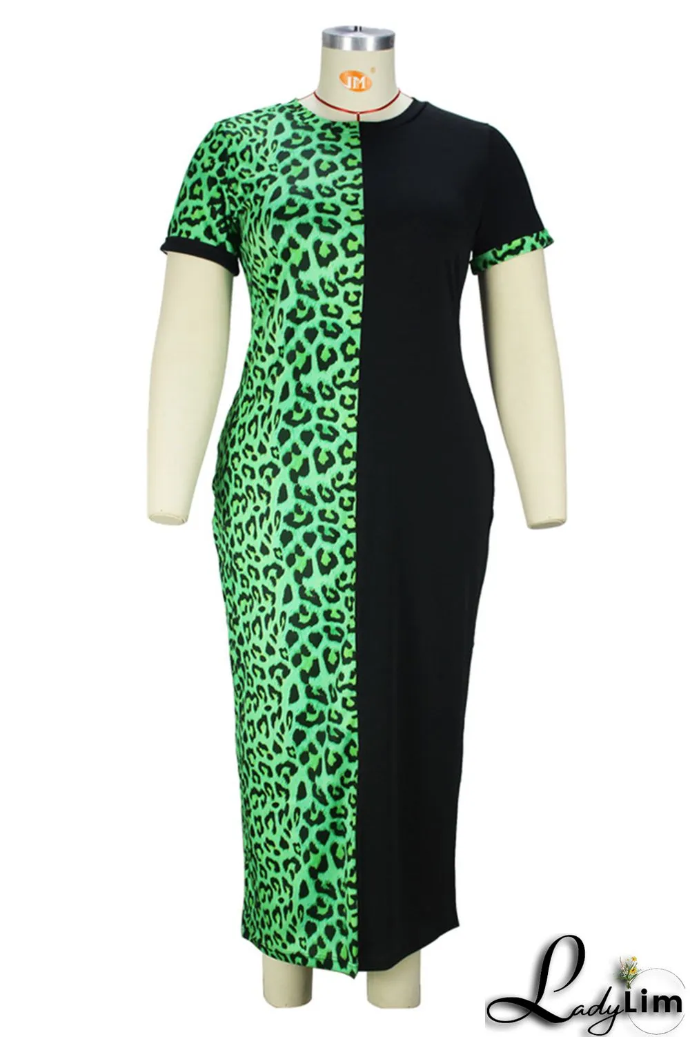 Green Fashion Casual Plus Size Print Leopard Patchwork O Neck Short Sleeve Dress