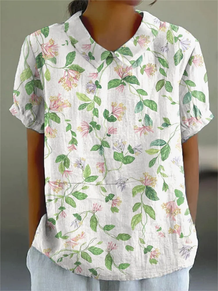 Women's  Flower  Art Print Casual Cotton And Linen Shirt