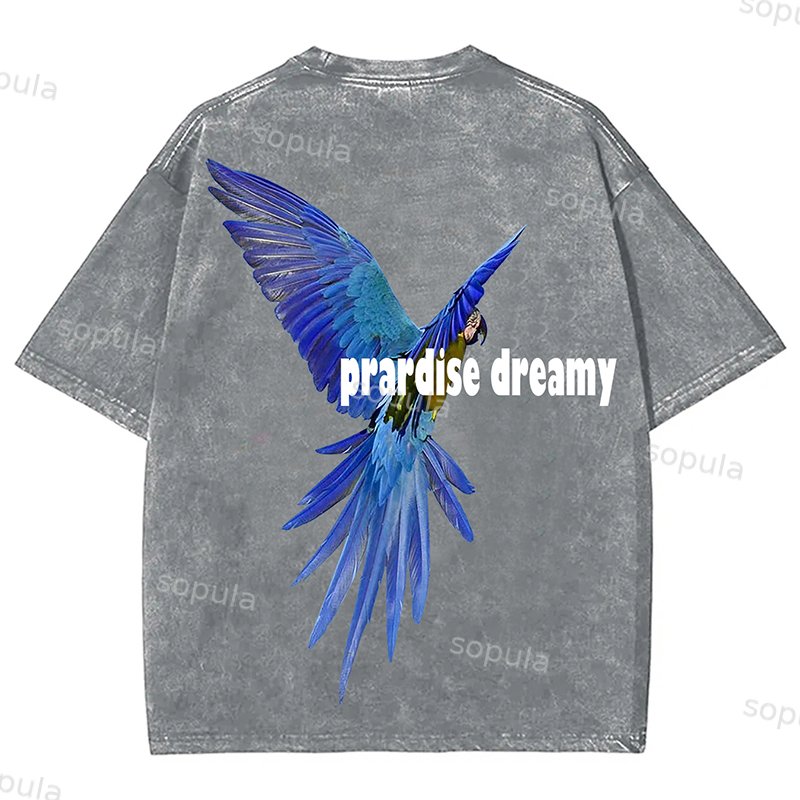 Sopula Vintage Acid Washed Oversize Parrot Graphic Print T-Shirt