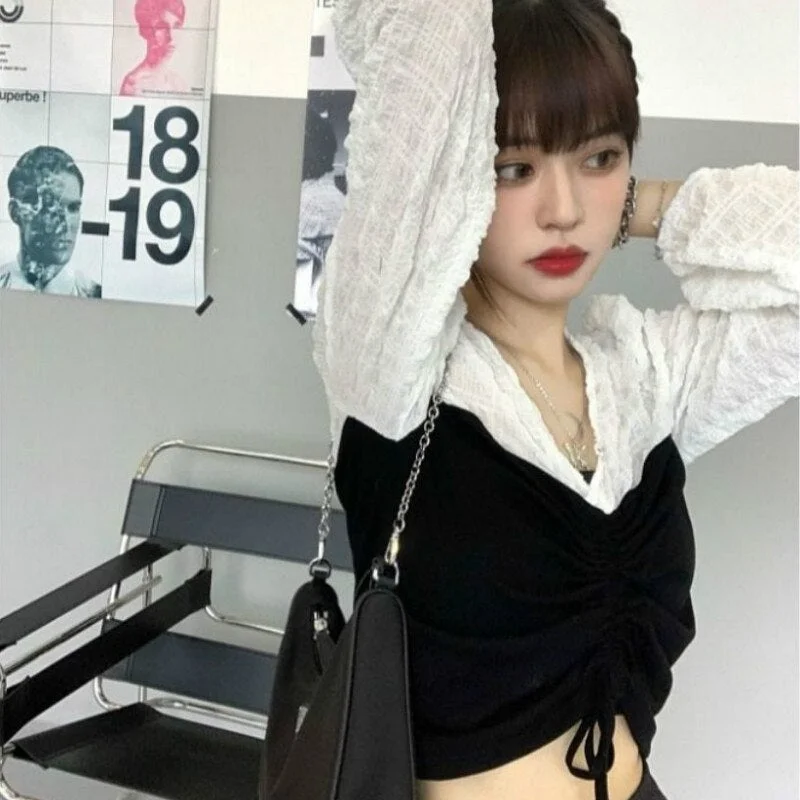 V-neck Design Shirts Women Patchwork Slim Ins Blouses Korean Style Crop Tops Leisure Chic Spring New Outwear Pleated Drawstring